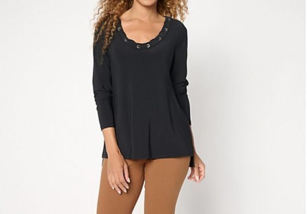 Women With Control Large Black Grommet Scoop Neck Como Jersey Top A715571 NWOT